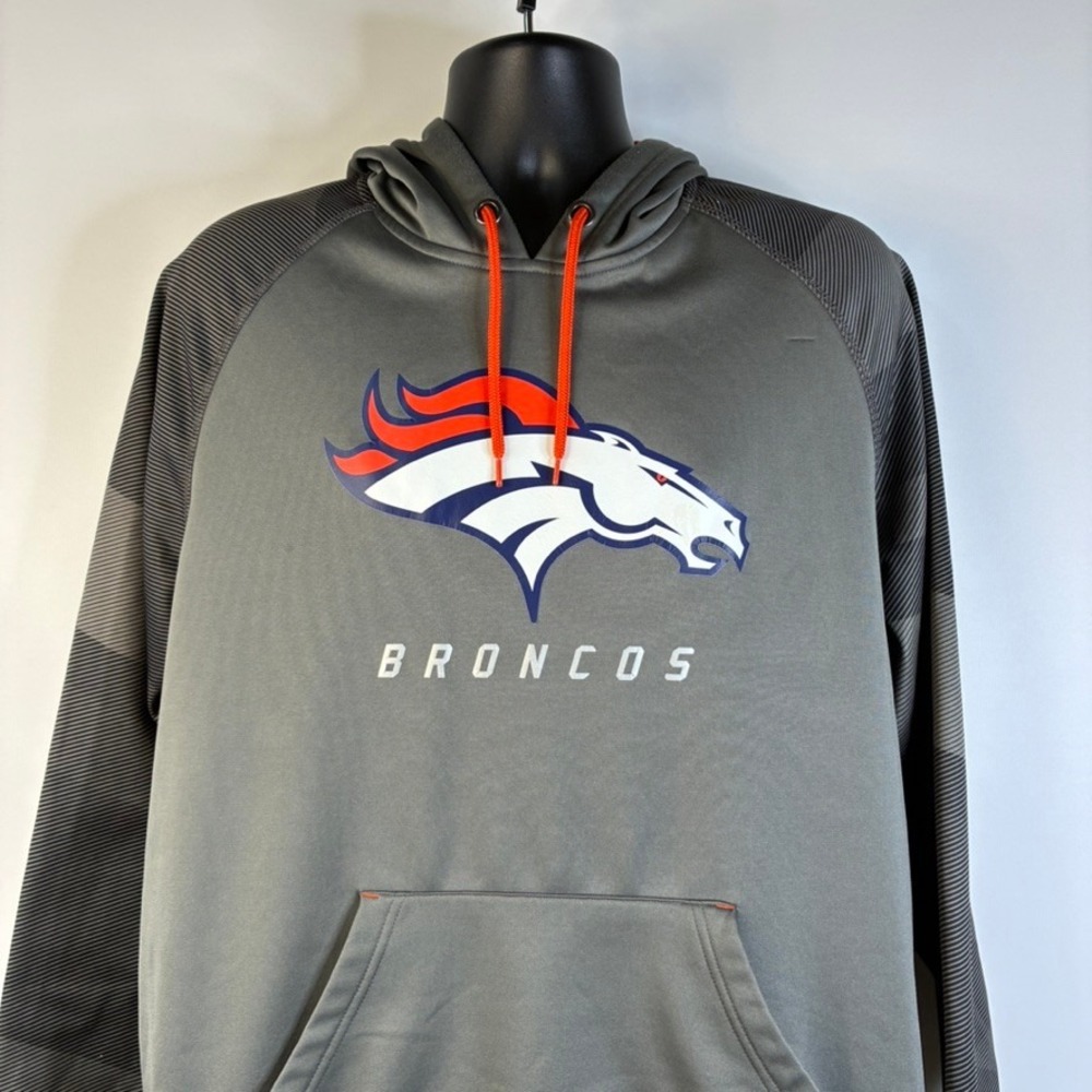 Majestic Denver Broncos NFL Therma Base Hoodie Mens‎ Large Grey Orange Pullover - Picture 9 of 16